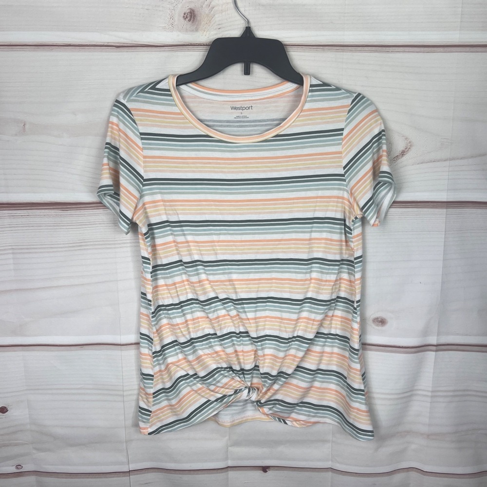 Westport Top Womens S Orange Green Stripe T-Shirt Short Sleeve Twist Front Knit